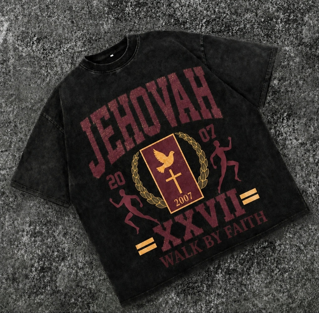 JEHOVAH/ WALK BY FAITH - Vintage Collegiate Faith Tee