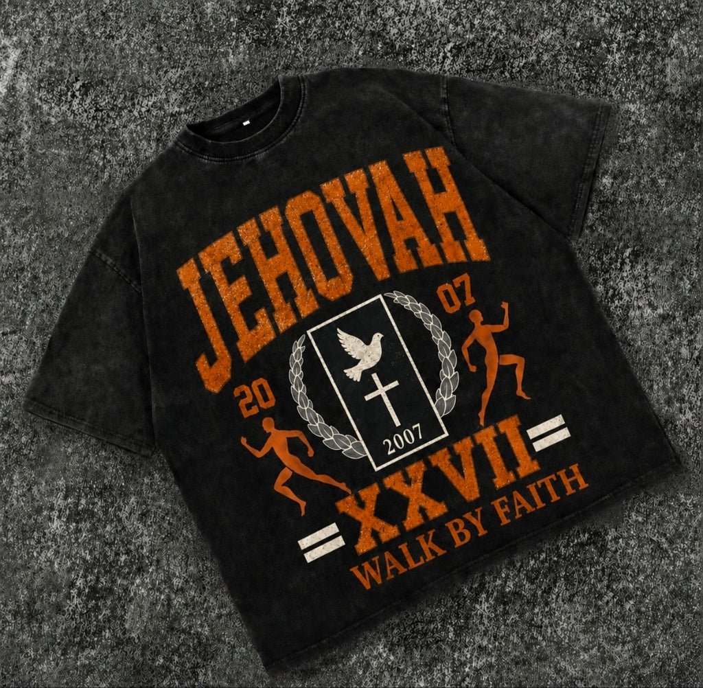 JEHOVAH/ WALK BY FAITH - Vintage Collegiate Faith Tee