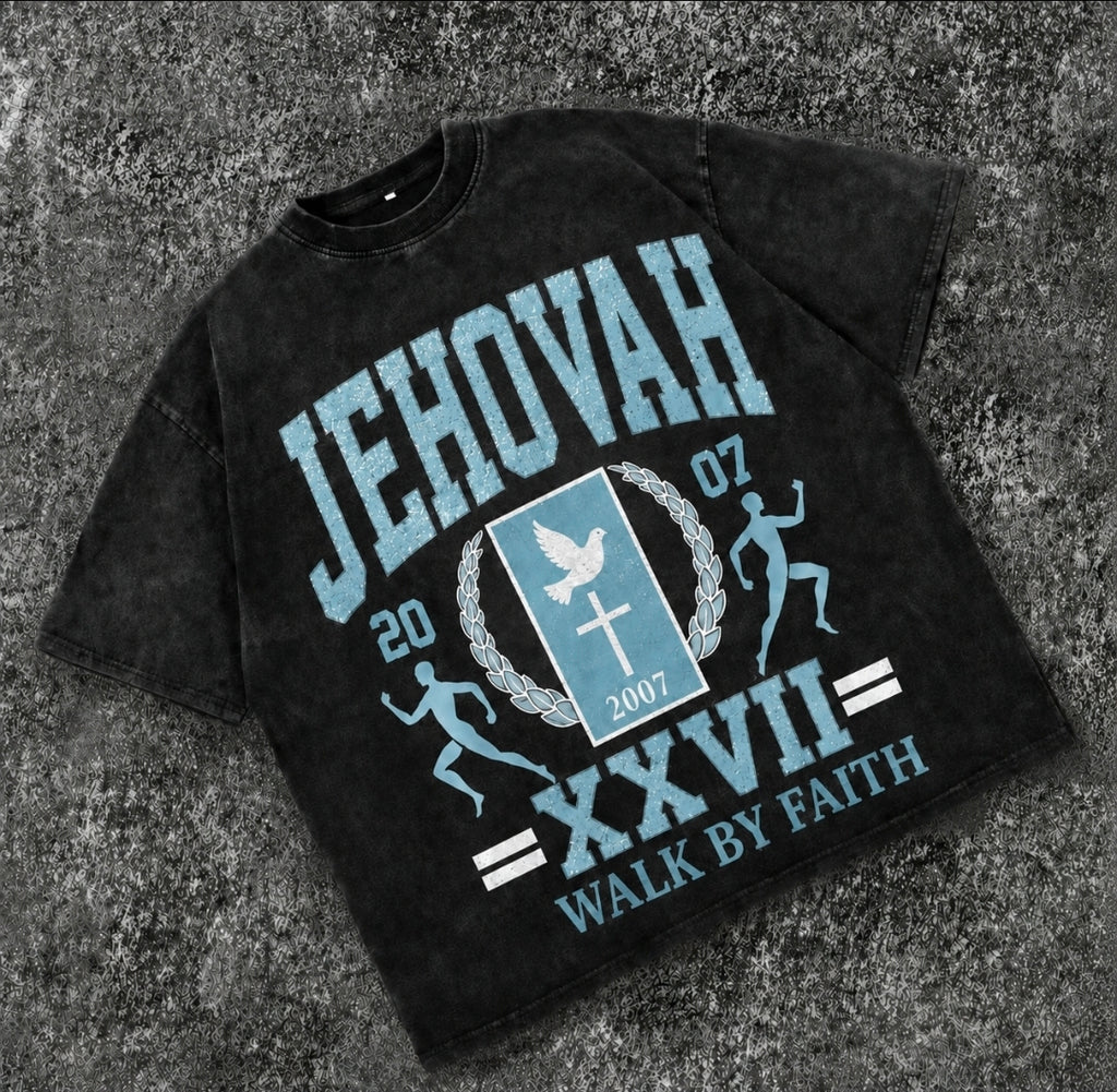 JEHOVAH/ WALK BY FAITH - Vintage Collegiate Faith Tee