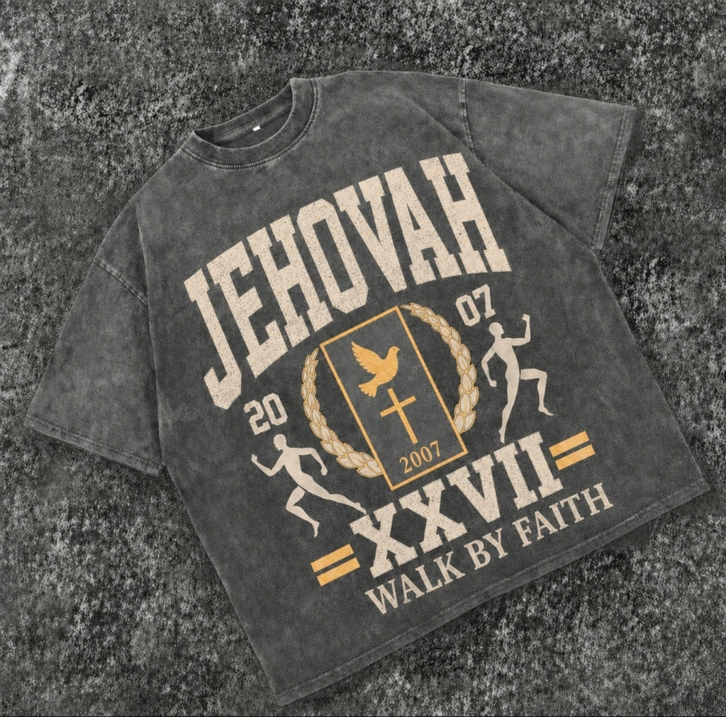 JEHOVAH/ WALK BY FAITH - Vintage Collegiate Faith Tee